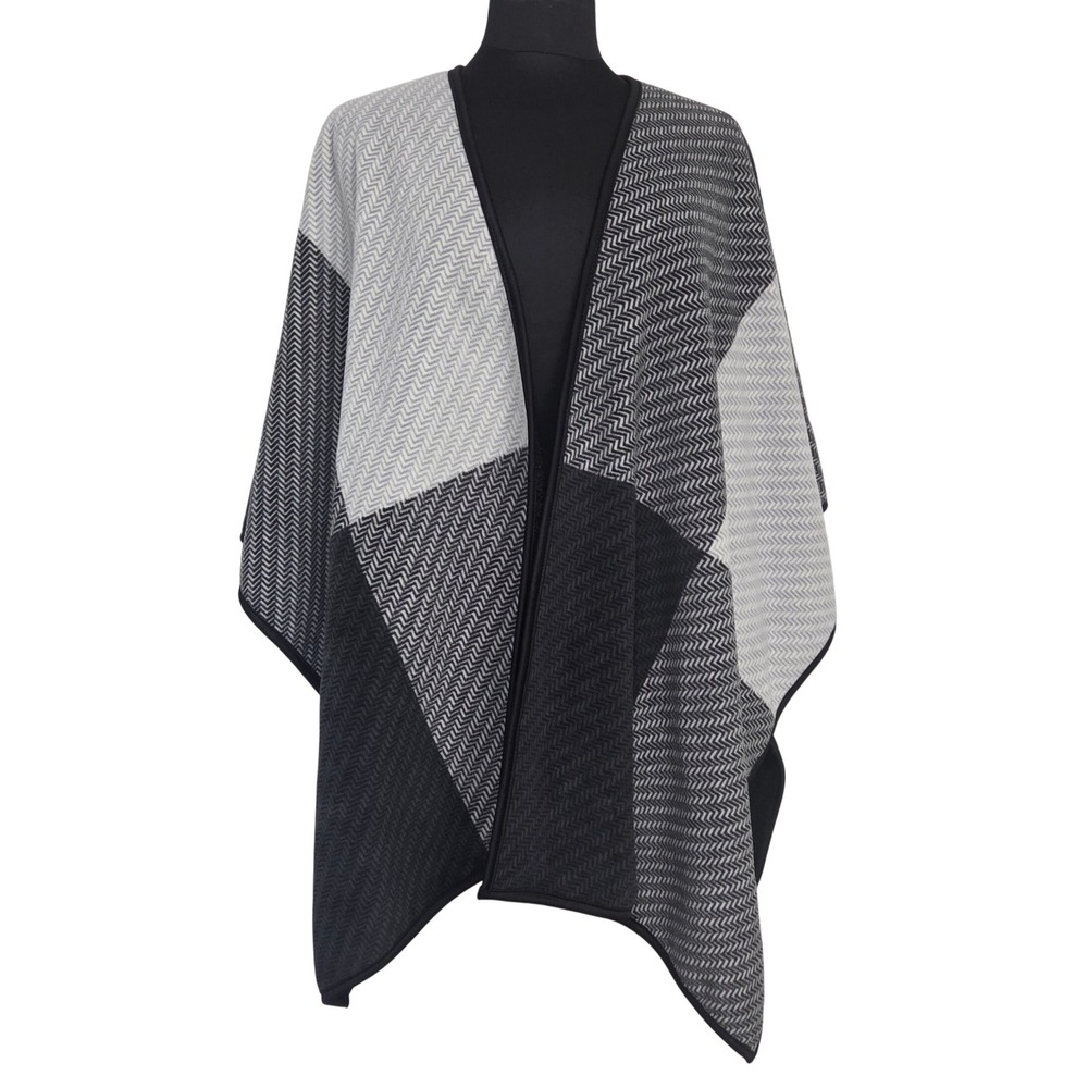 Ike Behar Plaid Herringbone Colorblock Sherpa Lined Wrap Poncho Black Grey OS
